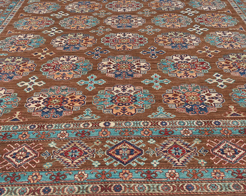 8x11 Brown Kazak Afghan Hand Knotted Geometric Wool Area Rug
